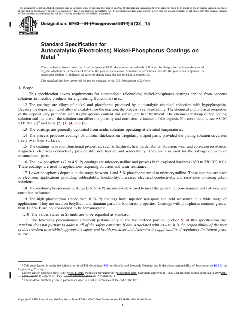 REDLINE ASTM B733-15 - Standard Specification for  Autocatalytic (Electroless) Nickel-Phosphorus Coatings on Metal