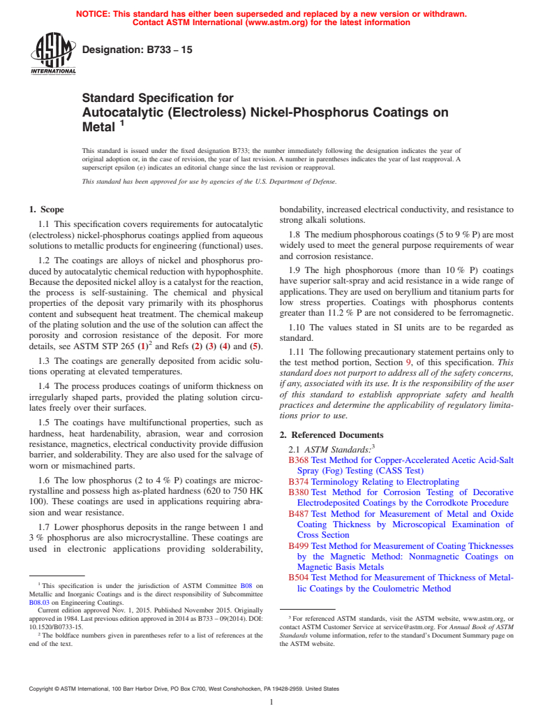 ASTM B733-15 - Standard Specification for  Autocatalytic (Electroless) Nickel-Phosphorus Coatings on Metal