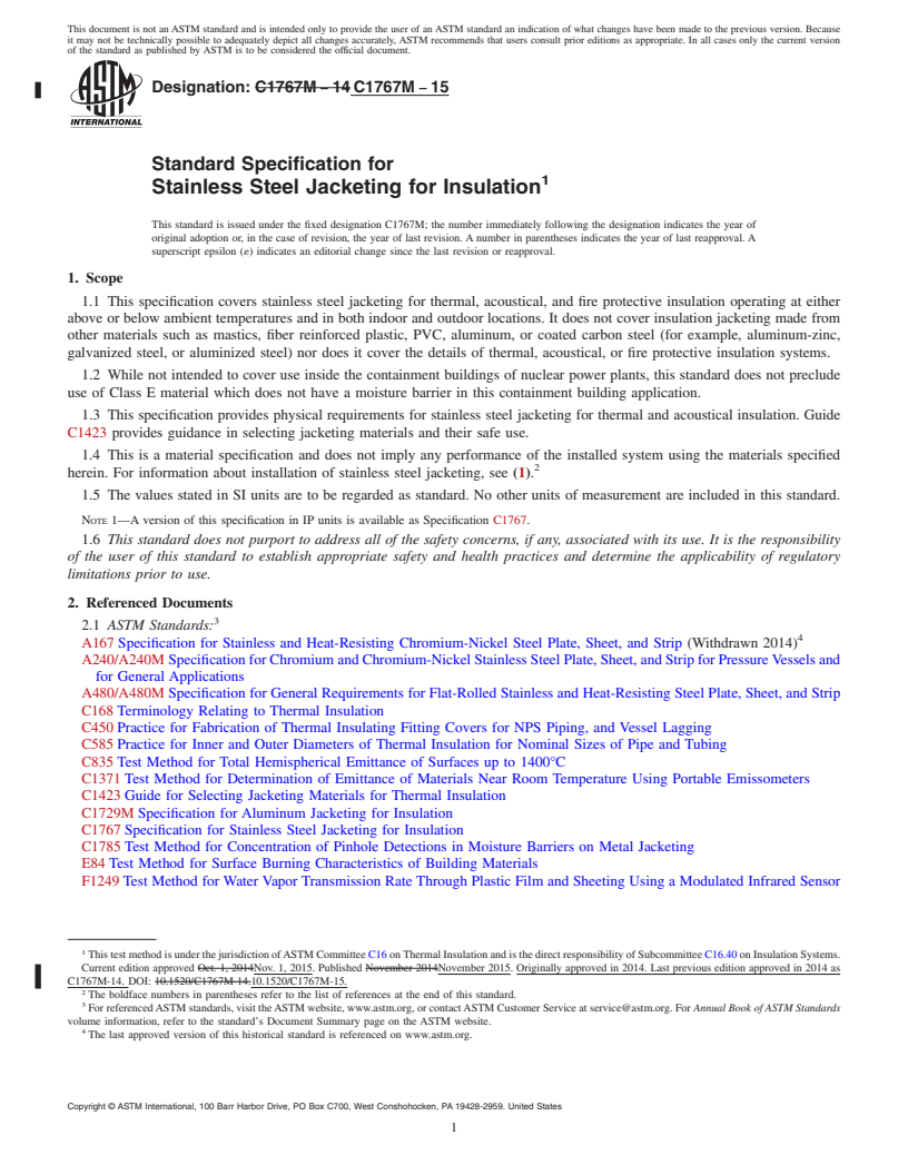 REDLINE ASTM C1767M-15 - Standard Specification for Stainless Steel Jacketing for Insulation