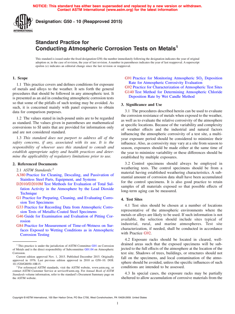 ASTM G50-10(2015) - Standard Practice for  Conducting Atmospheric Corrosion Tests on Metals