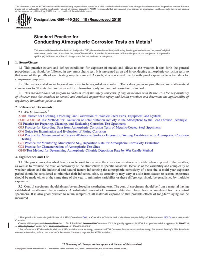 REDLINE ASTM G50-10(2015) - Standard Practice for  Conducting Atmospheric Corrosion Tests on Metals