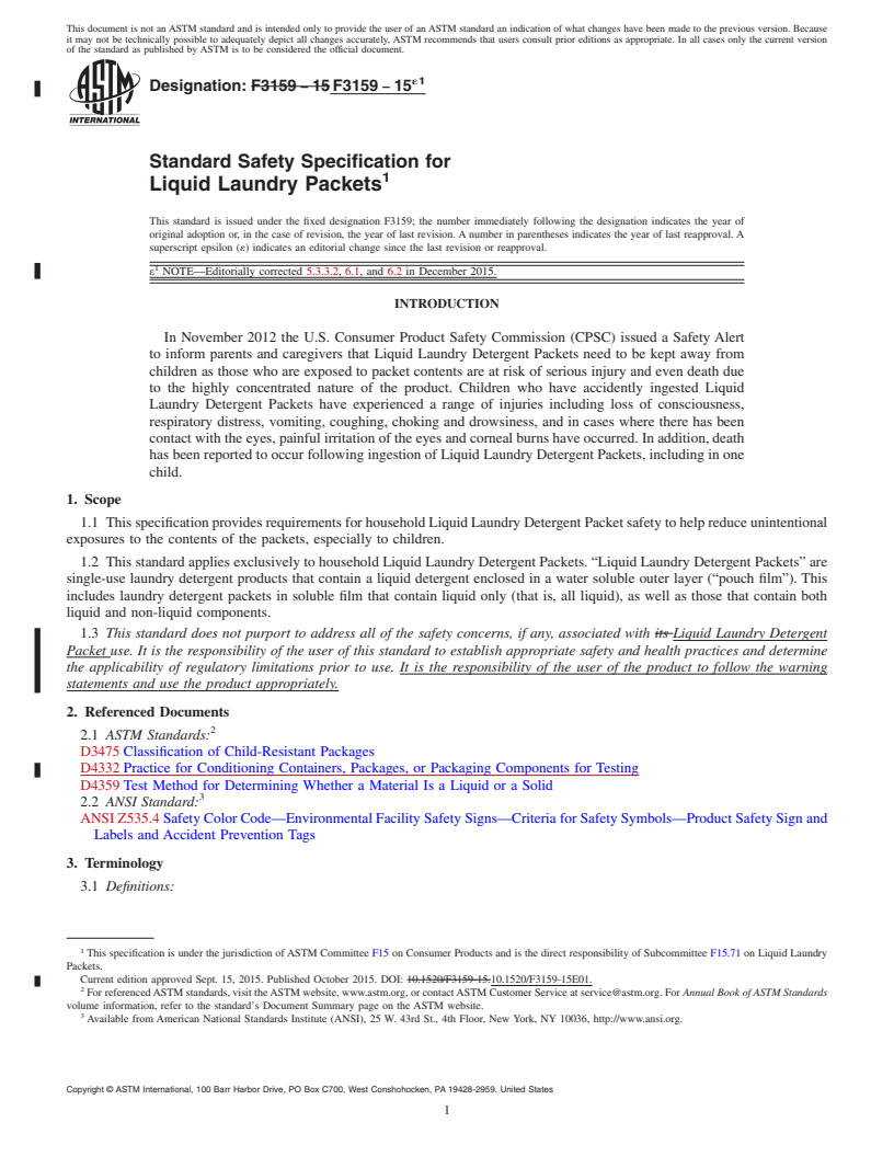 REDLINE ASTM F3159-15e1 - Standard Safety Specification for Liquid Laundry Packets