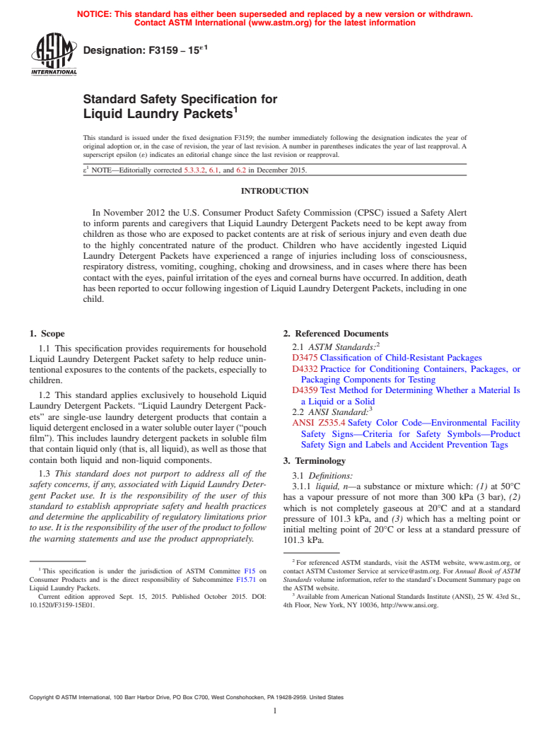 ASTM F3159-15e1 - Standard Safety Specification for Liquid Laundry Packets