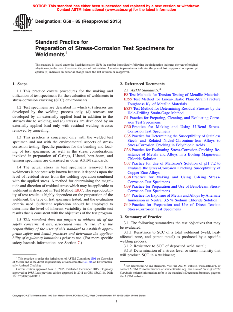 ASTM G58-85(2015) - Standard Practice for  Preparation of Stress-Corrosion Test Specimens for Weldments