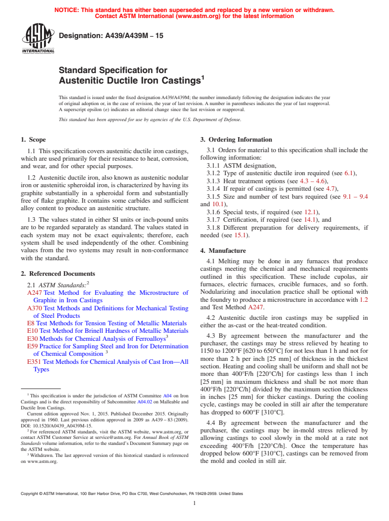 ASTM A439/A439M-15 - Standard Specification for  Austenitic Ductile Iron Castings