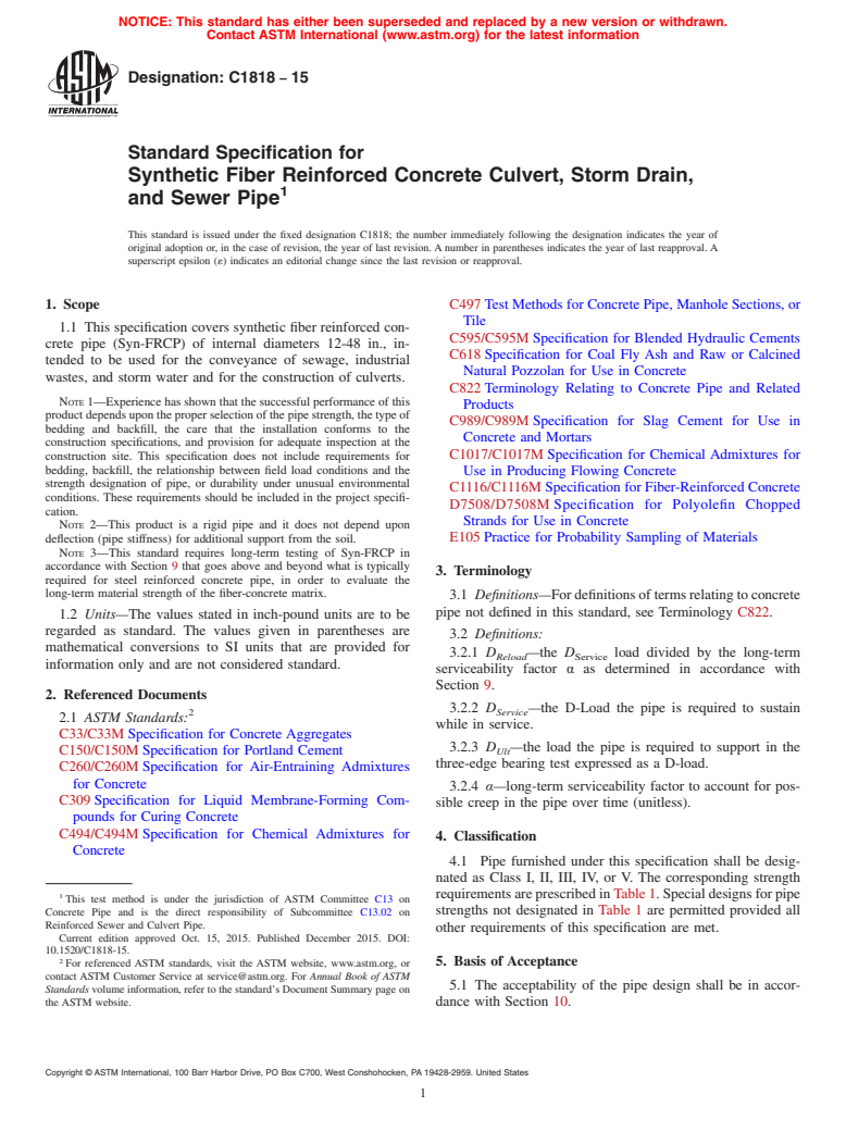 ASTM C1818-15 - Standard Specification for Synthetic Fiber Reinforced Concrete Culvert, Storm Drain, and  Sewer Pipe