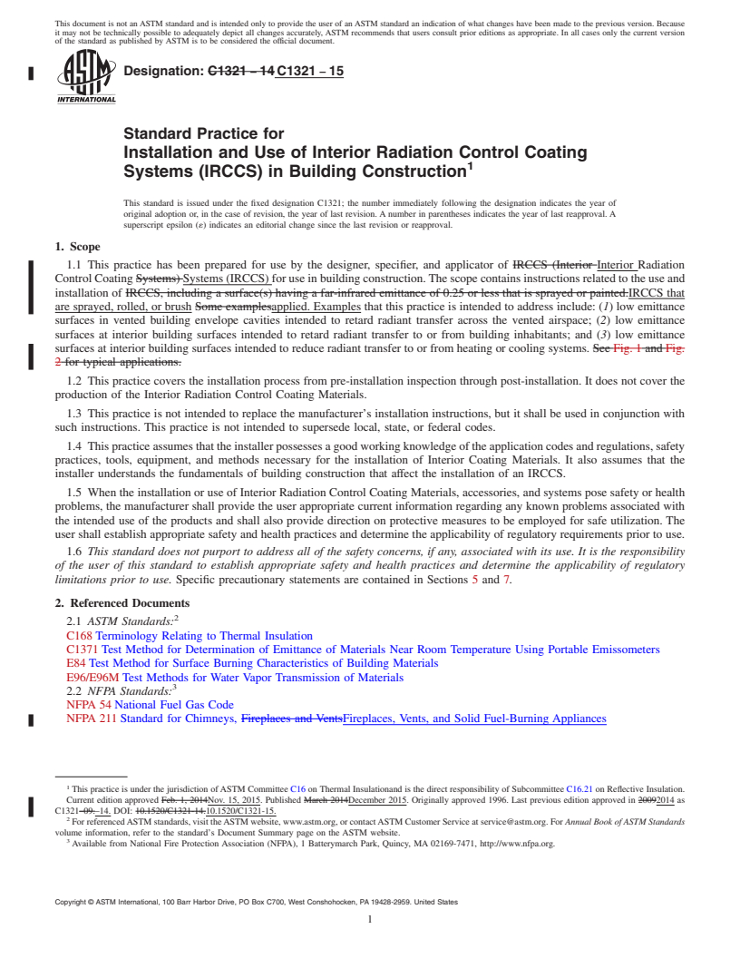 REDLINE ASTM C1321-15 - Standard Practice for  Installation and Use of Interior Radiation Control Coating  Systems (IRCCS) in Building Construction