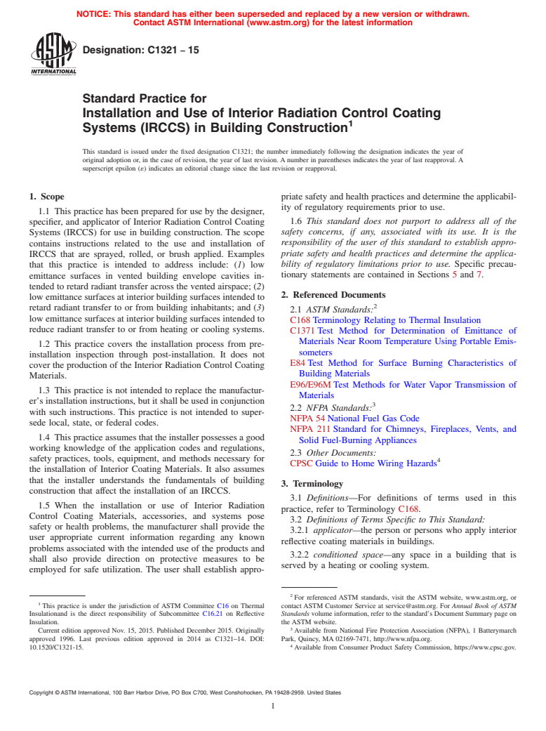 ASTM C1321-15 - Standard Practice for  Installation and Use of Interior Radiation Control Coating  Systems (IRCCS) in Building Construction
