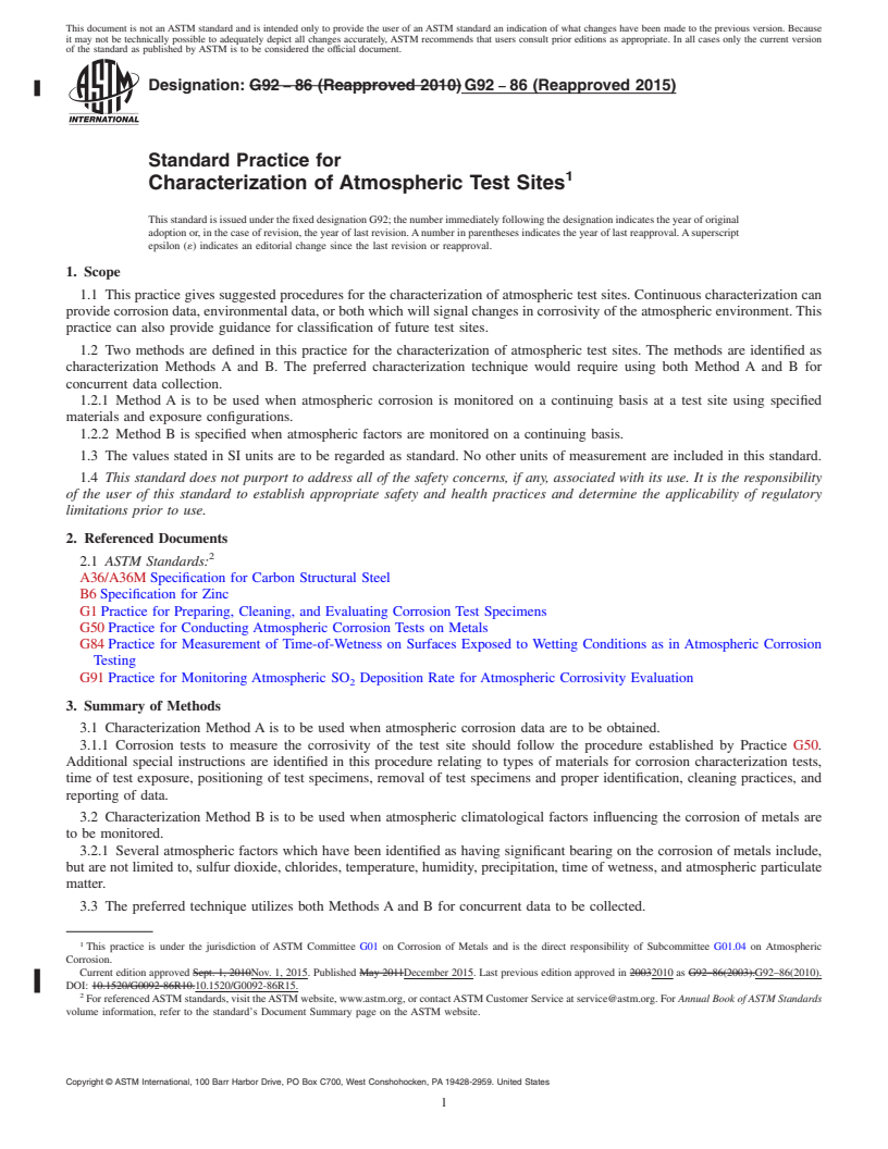 REDLINE ASTM G92-86(2015) - Standard Practice for  Characterization of Atmospheric Test Sites