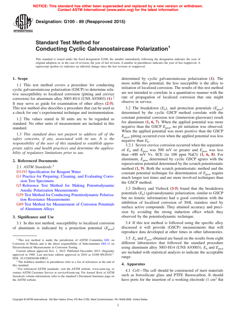 ASTM G100-89(2015) - Standard Test Method for  Conducting Cyclic Galvanostaircase Polarization