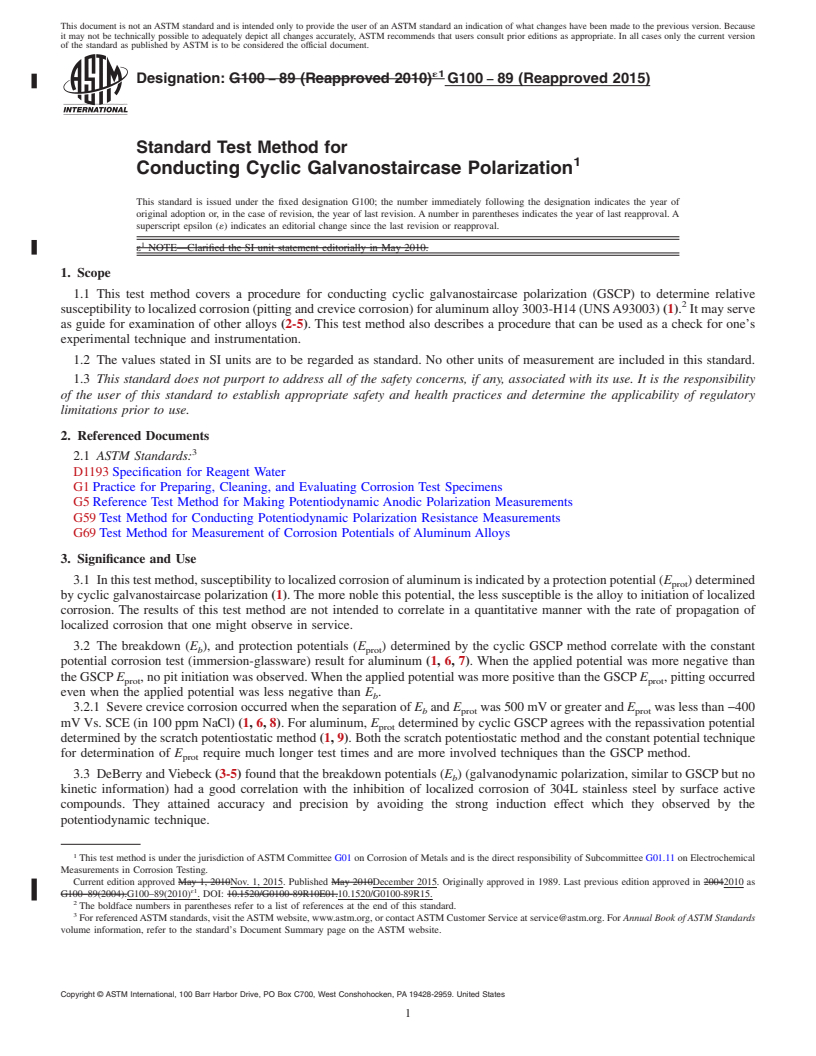 REDLINE ASTM G100-89(2015) - Standard Test Method for  Conducting Cyclic Galvanostaircase Polarization