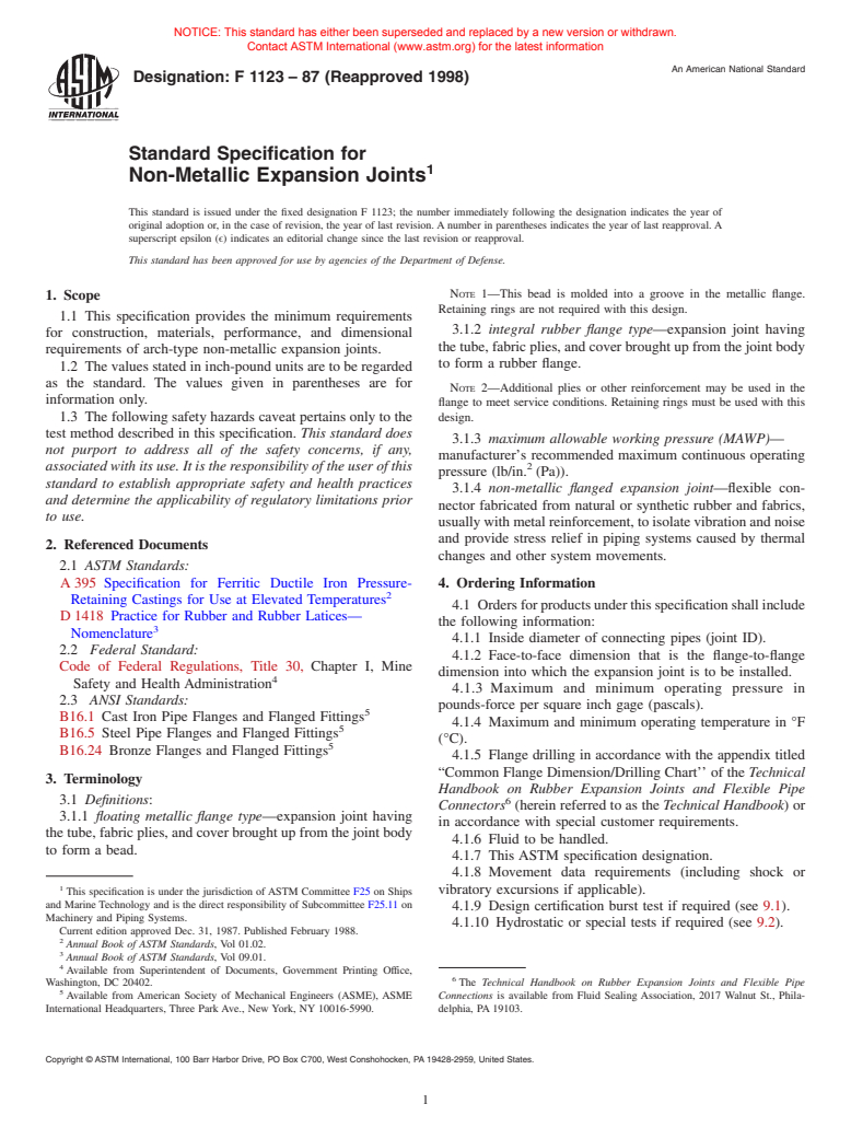 ASTM F1123-87(1998) - Standard Specification for Non-Metallic Expansion Joints