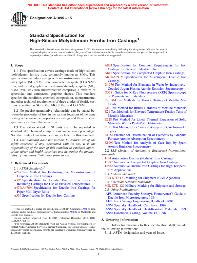 ASTM A1095-15 - Standard Specification for High-Silicon Molybdenum Ferritic Iron Castings