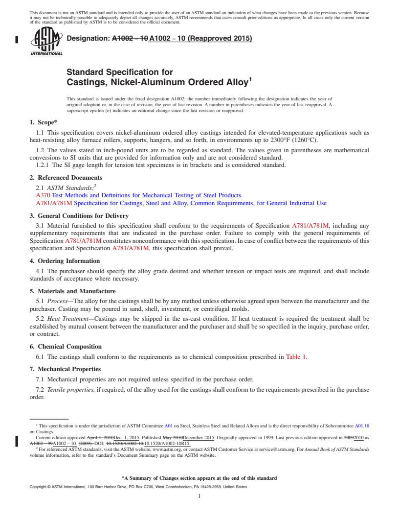 REDLINE ASTM A1002-10(2015) - Standard Specification for  Castings, Nickel-Aluminum Ordered Alloy