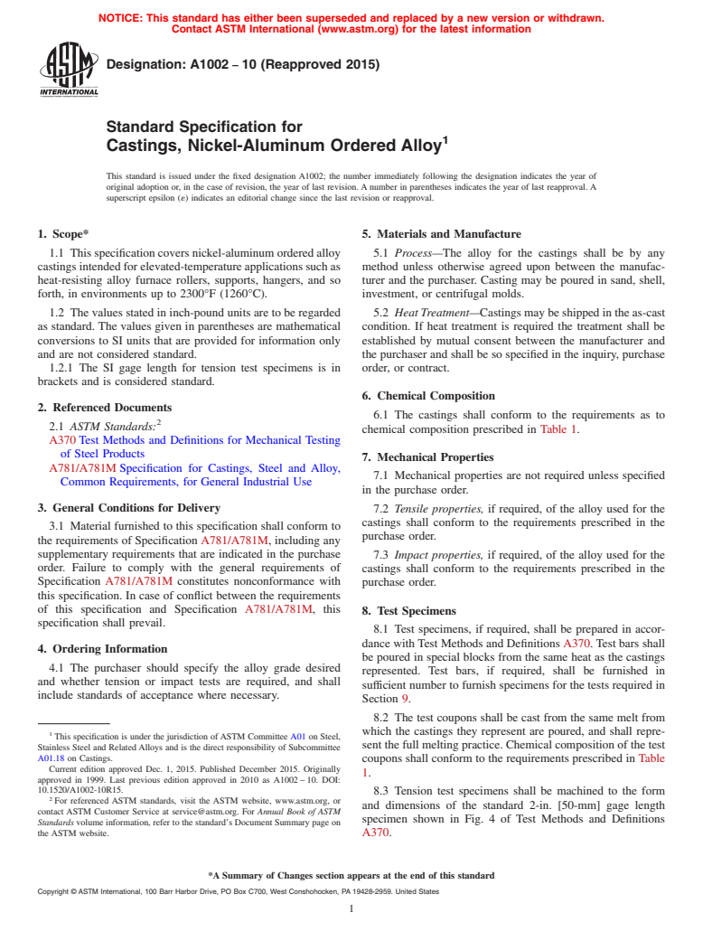 ASTM A1002-10(2015) - Standard Specification for  Castings, Nickel-Aluminum Ordered Alloy