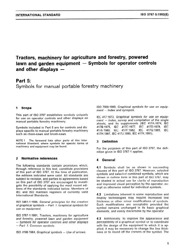 ISO 3767-5:1992 - Tractors, machinery for agriculture and forestry, powered lawn and garden equipment -- Symbols for operator controls and other displays