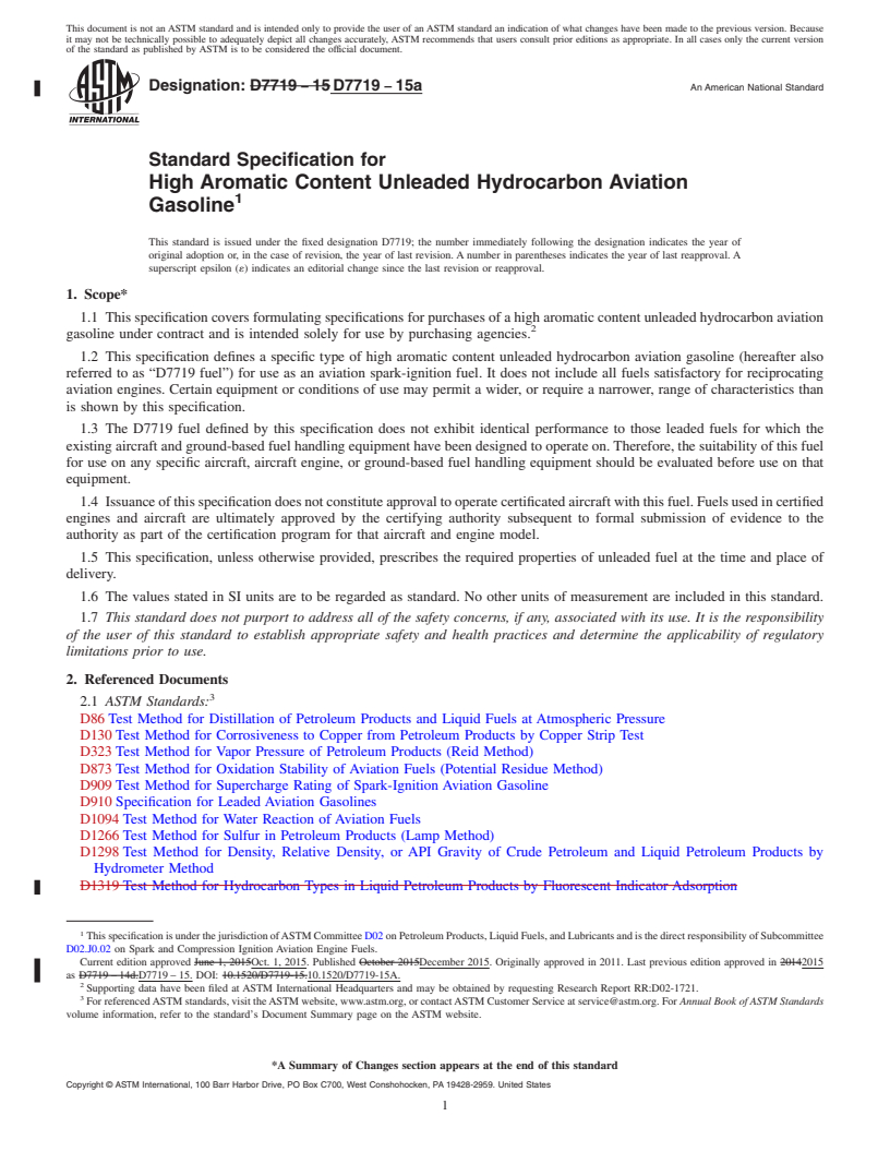 REDLINE ASTM D7719-15a - Standard Specification for  High Aromatic Content Unleaded Hydrocarbon Aviation Gasoline