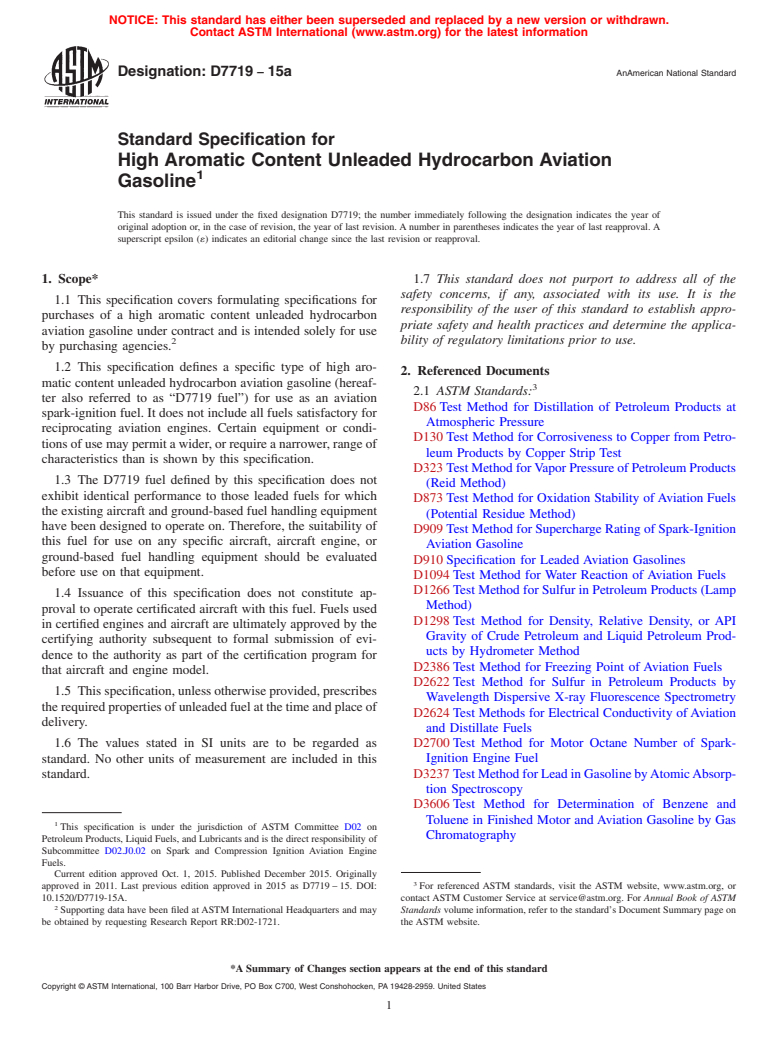 ASTM D7719-15a - Standard Specification for  High Aromatic Content Unleaded Hydrocarbon Aviation Gasoline