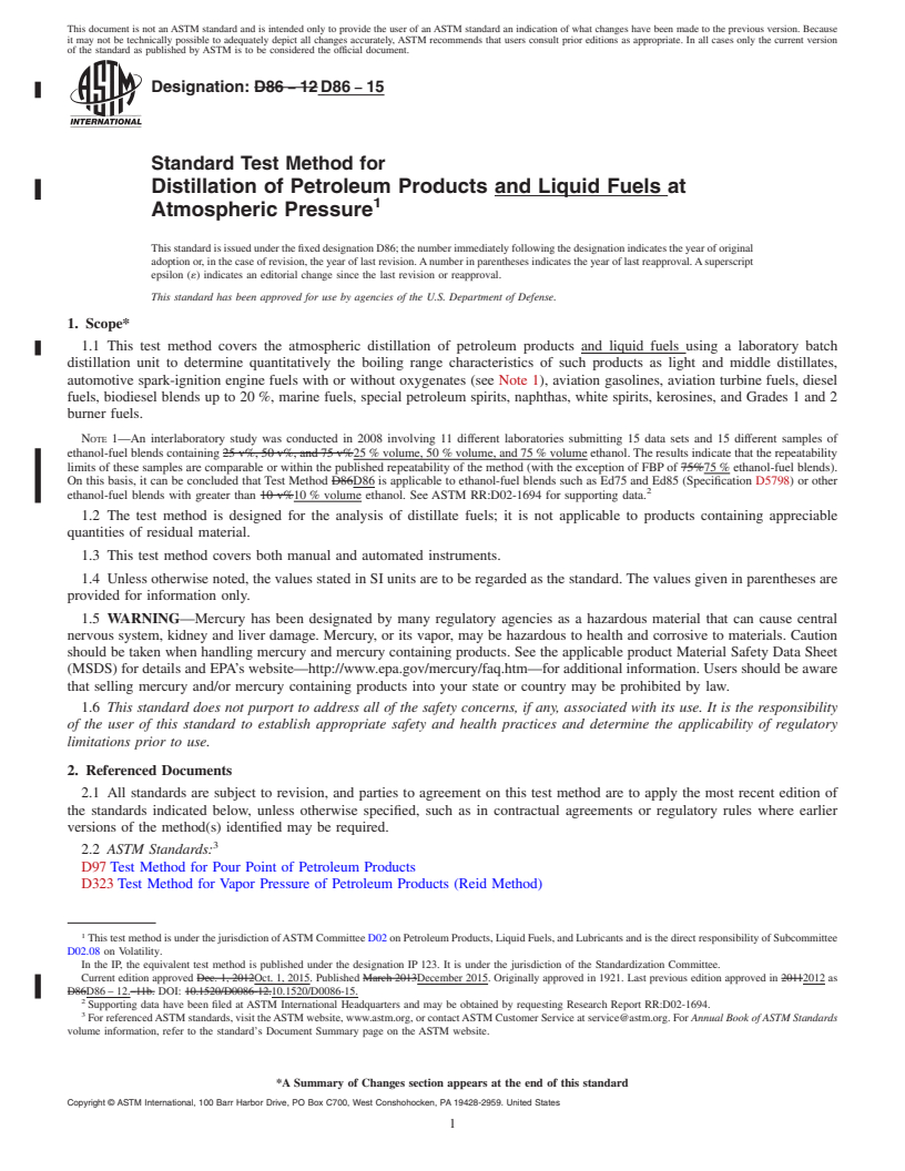 REDLINE ASTM D86-15 - Standard Test Method for Distillation of Petroleum Products and Liquid Fuels at Atmospheric  Pressure