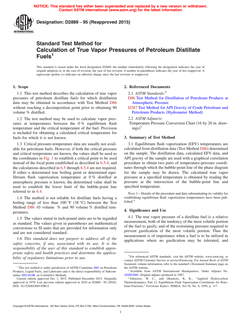 ASTM D2889-95(2015) - Standard Test Method for Calculation of True Vapor Pressures of Petroleum Distillate   Fuels