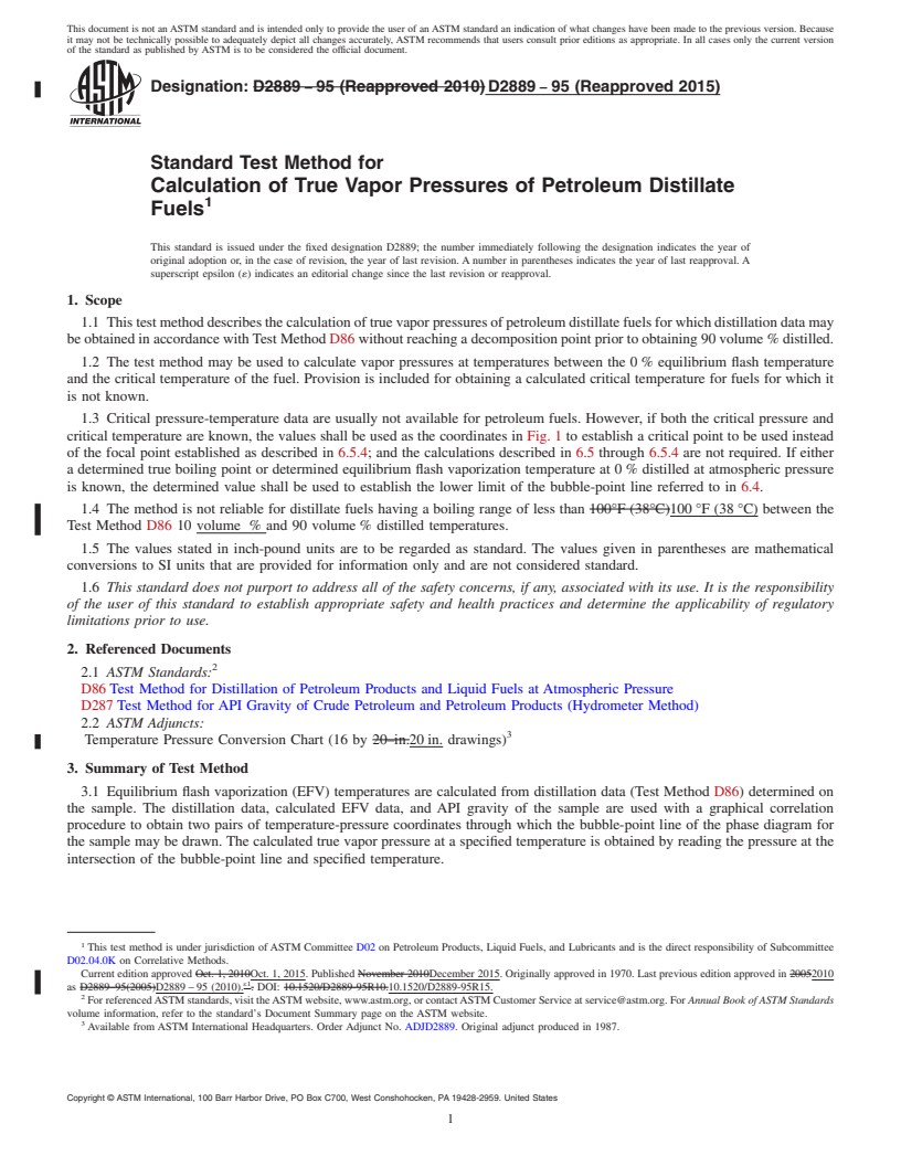 REDLINE ASTM D2889-95(2015) - Standard Test Method for Calculation of True Vapor Pressures of Petroleum Distillate   Fuels