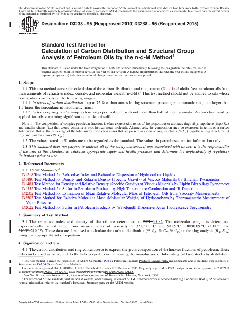 REDLINE ASTM D3238-95(2015) - Standard Test Method for  Calculation of Carbon Distribution and Structural Group Analysis   of Petroleum Oils by the n-d-M Method