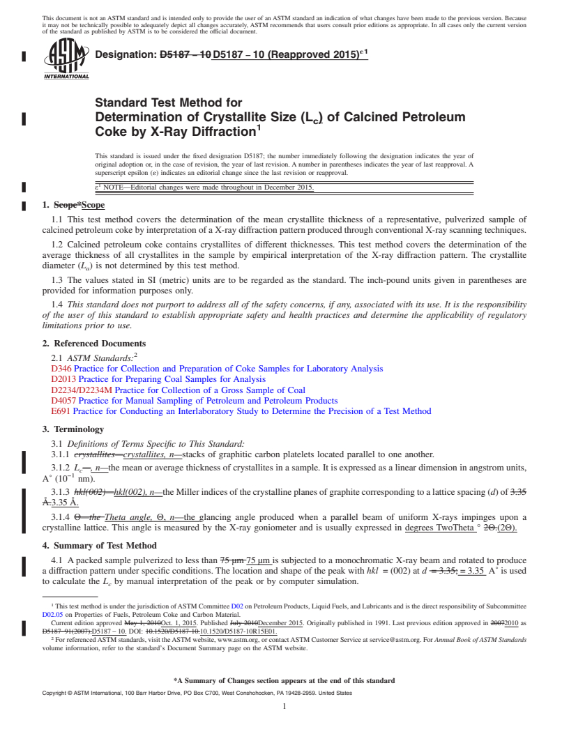 REDLINE ASTM D5187-10(2015)e1 - Standard Test Method for  Determination of Crystallite Size (L<inf>c</inf>) of Calcined   Petroleum Coke by X-Ray Diffraction