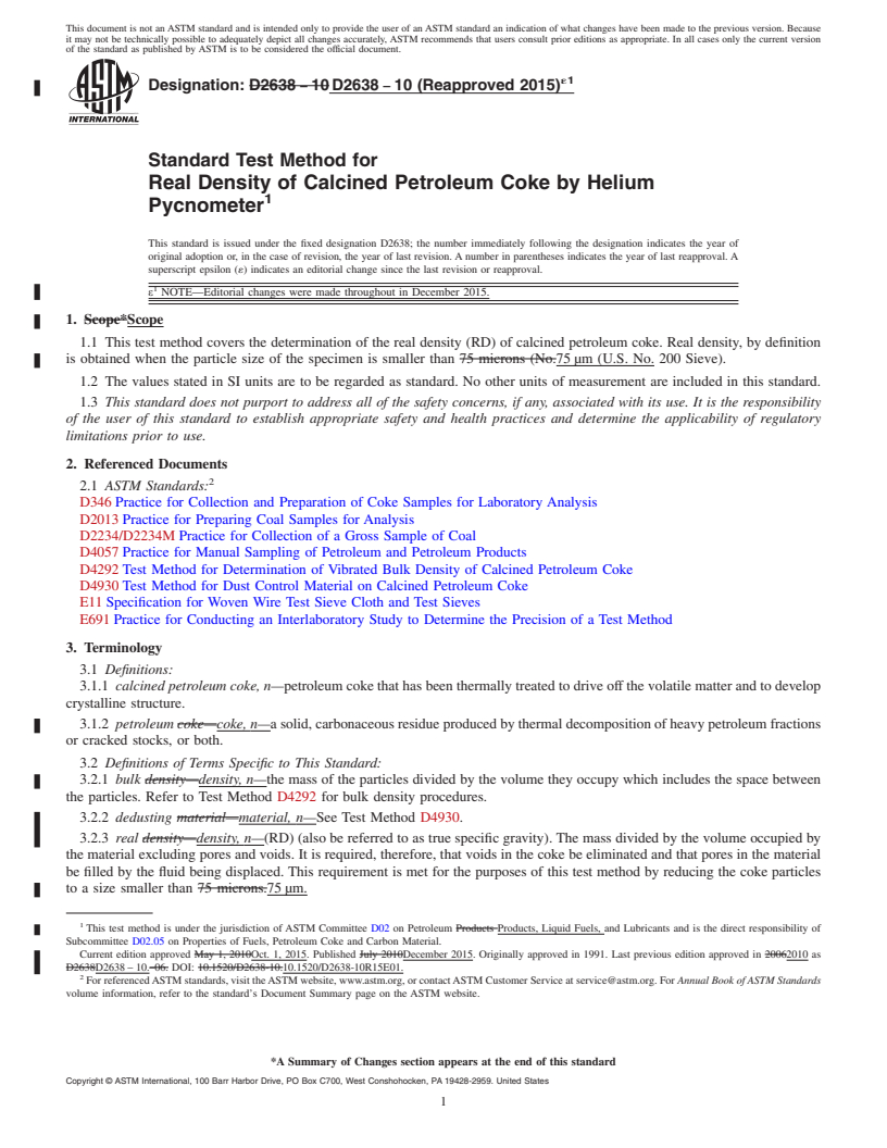 REDLINE ASTM D2638-10(2015)e1 - Standard Test Method for  Real Density of Calcined Petroleum Coke by Helium Pycnometer