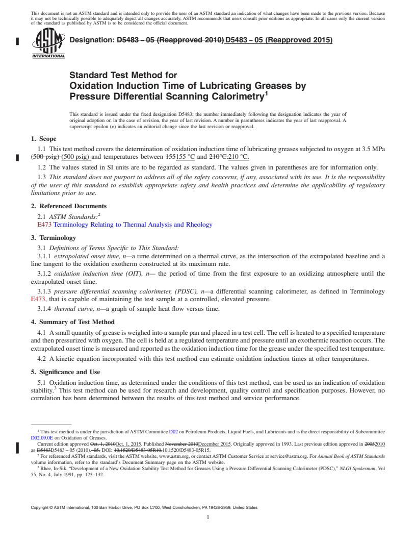 REDLINE ASTM D5483-05(2015) - Standard Test Method for  Oxidation Induction Time of Lubricating Greases by Pressure   Differential Scanning Calorimetry