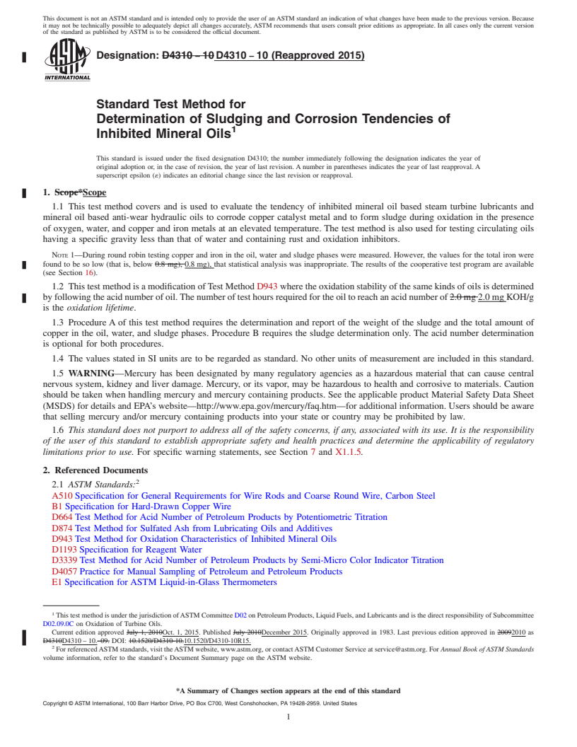 REDLINE ASTM D4310-10(2015) - Standard Test Method for  Determination of Sludging and Corrosion Tendencies of Inhibited   Mineral Oils