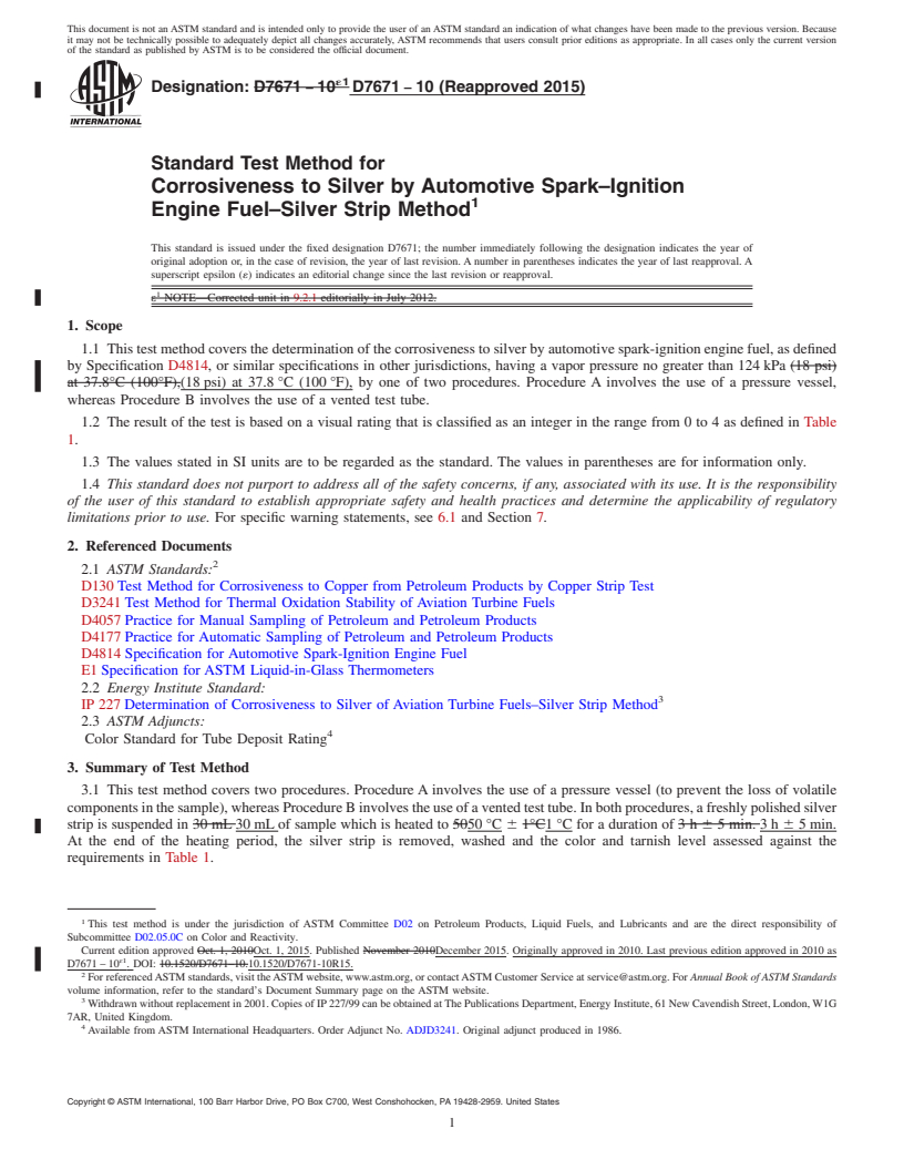 REDLINE ASTM D7671-10(2015) - Standard Test Method for  Corrosiveness to Silver by Automotive Spark&#x2013;Ignition  Engine Fuel&#x2013;Silver Strip Method