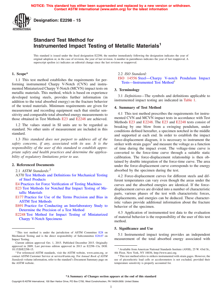 ASTM E2298-15 - Standard Test Method for  Instrumented Impact Testing of Metallic Materials