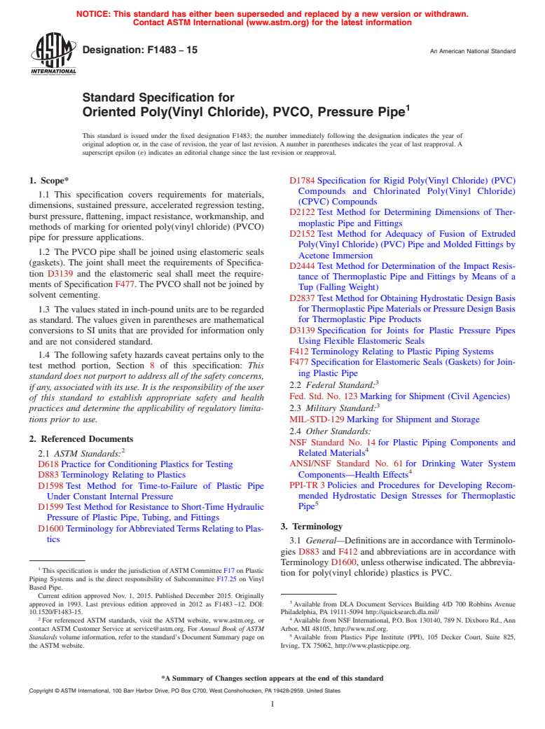 ASTM F1483-15 - Standard Specification for  Oriented Poly(Vinyl Chloride), PVCO, Pressure Pipe