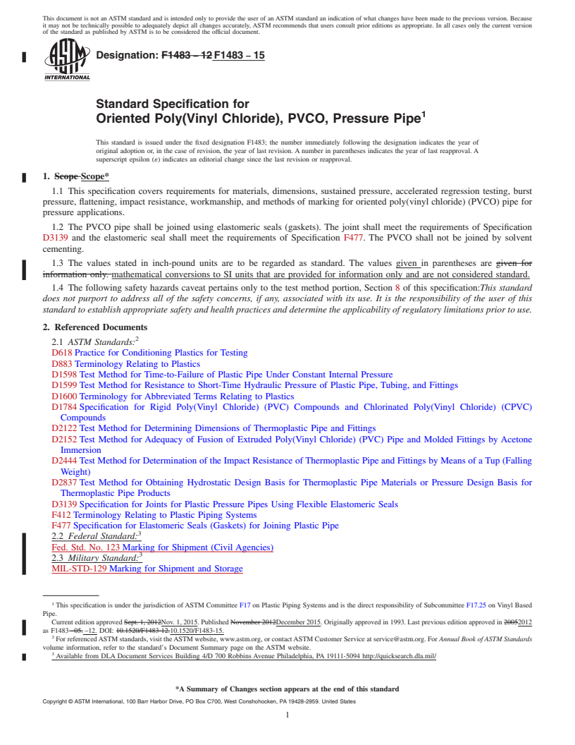 REDLINE ASTM F1483-15 - Standard Specification for  Oriented Poly(Vinyl Chloride), PVCO, Pressure Pipe