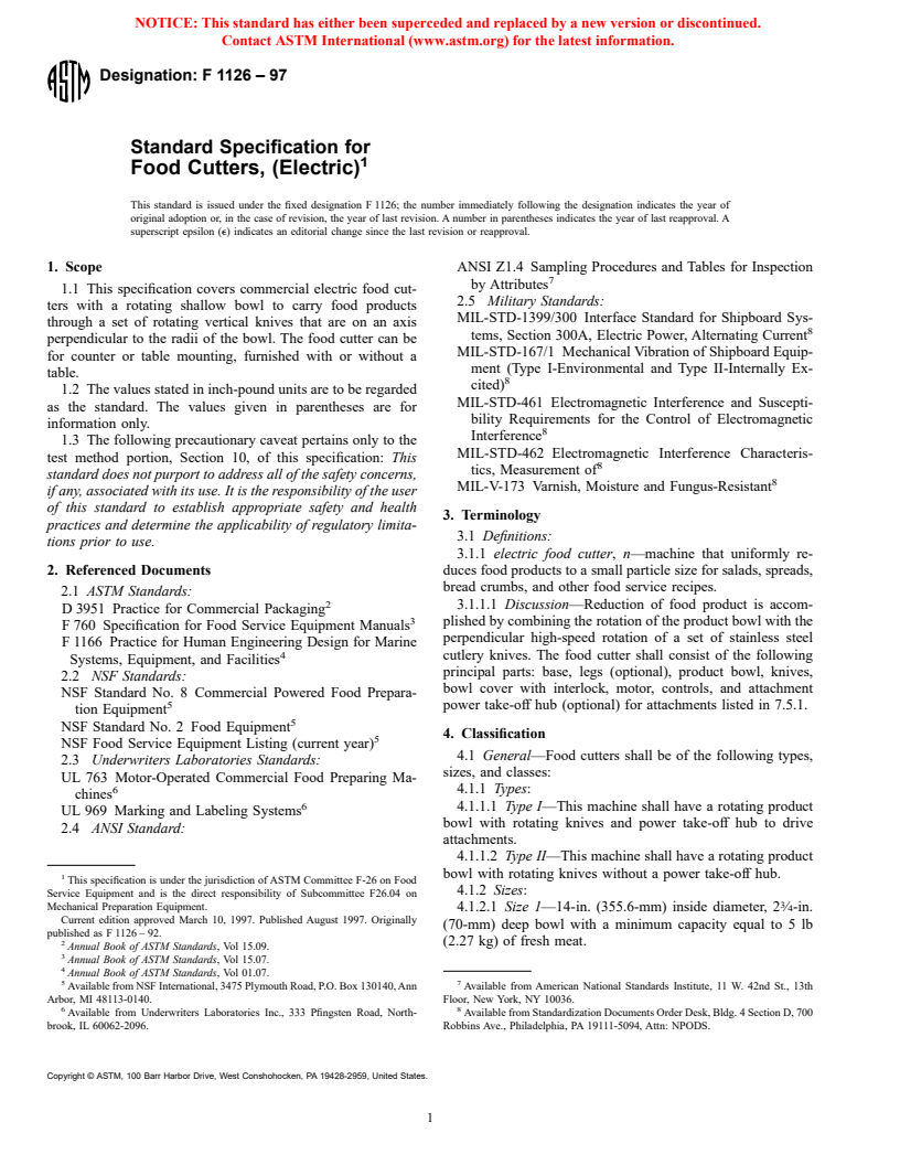 ASTM F1126-97 - Standard Specification for Food Cutters (Electric)