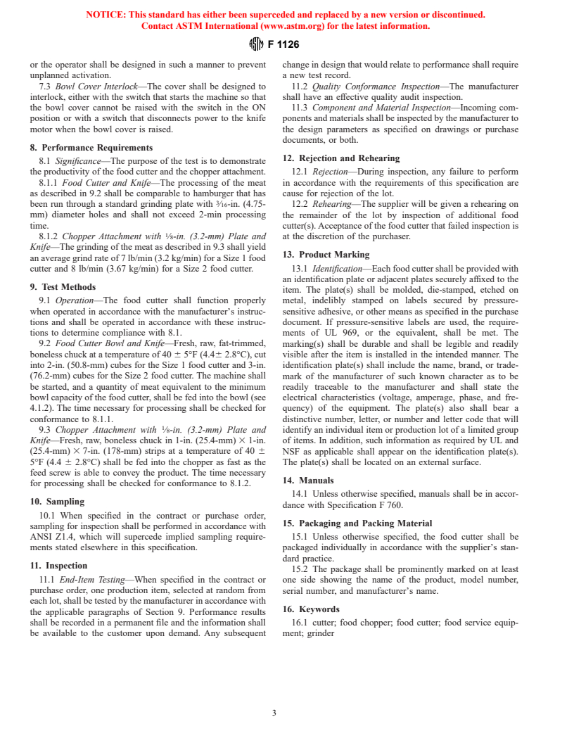 ASTM F1126-97 - Standard Specification for Food Cutters (Electric)