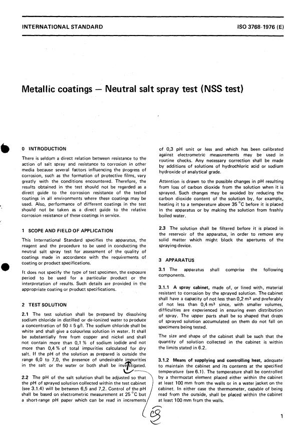 ISO 3768:1976 - Metallic coatings -- Neutral salt spray test (NSS test)