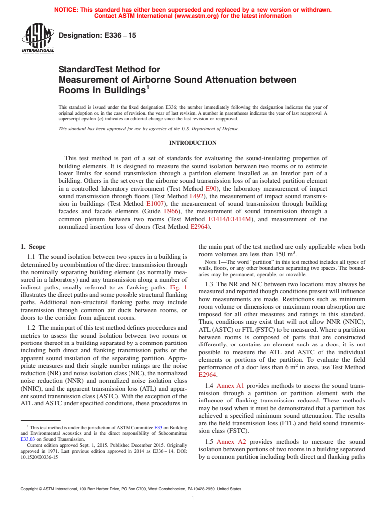 ASTM E336-15 - Standard Test Method for  Measurement of Airborne Sound Attenuation between Rooms in  Buildings