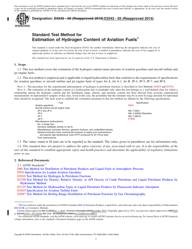 REDLINE ASTM D3343-05(2015) - Standard Test Method for  Estimation of Hydrogen Content of Aviation Fuels