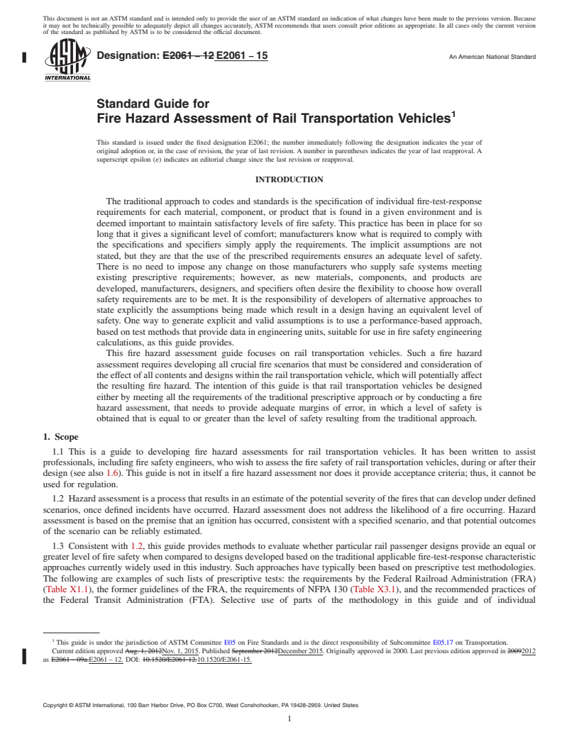 REDLINE ASTM E2061-15 - Standard Guide for  Fire Hazard Assessment of Rail Transportation Vehicles