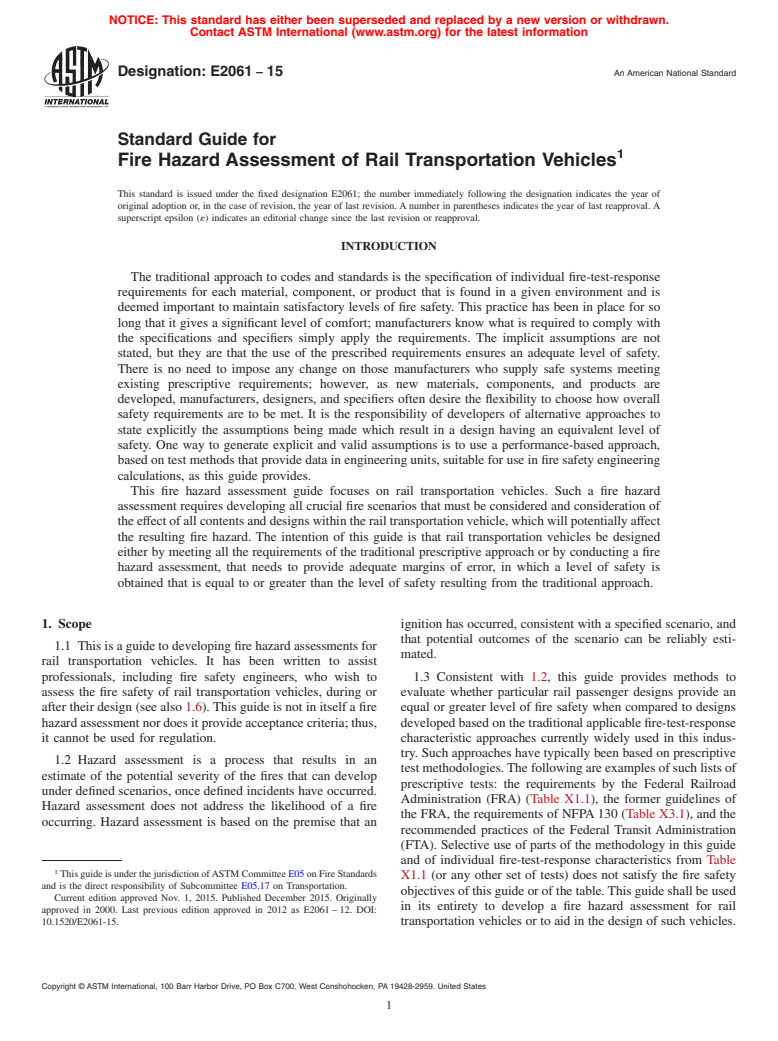 ASTM E2061-15 - Standard Guide for  Fire Hazard Assessment of Rail Transportation Vehicles