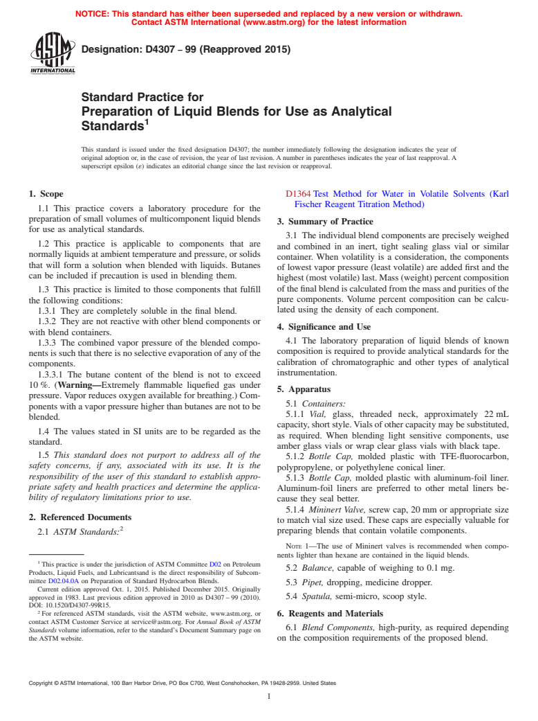 ASTM D4307-99(2015) - Standard Practice for  Preparation of Liquid Blends for Use as Analytical Standards