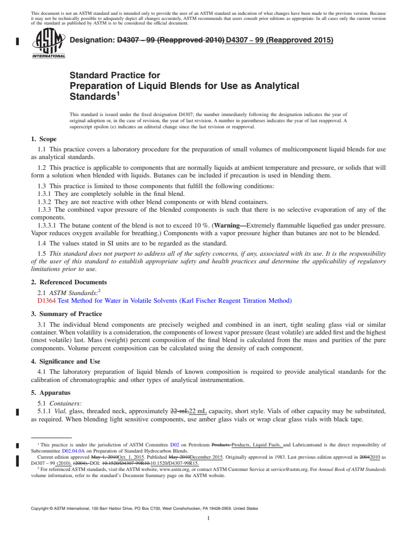 REDLINE ASTM D4307-99(2015) - Standard Practice for  Preparation of Liquid Blends for Use as Analytical Standards