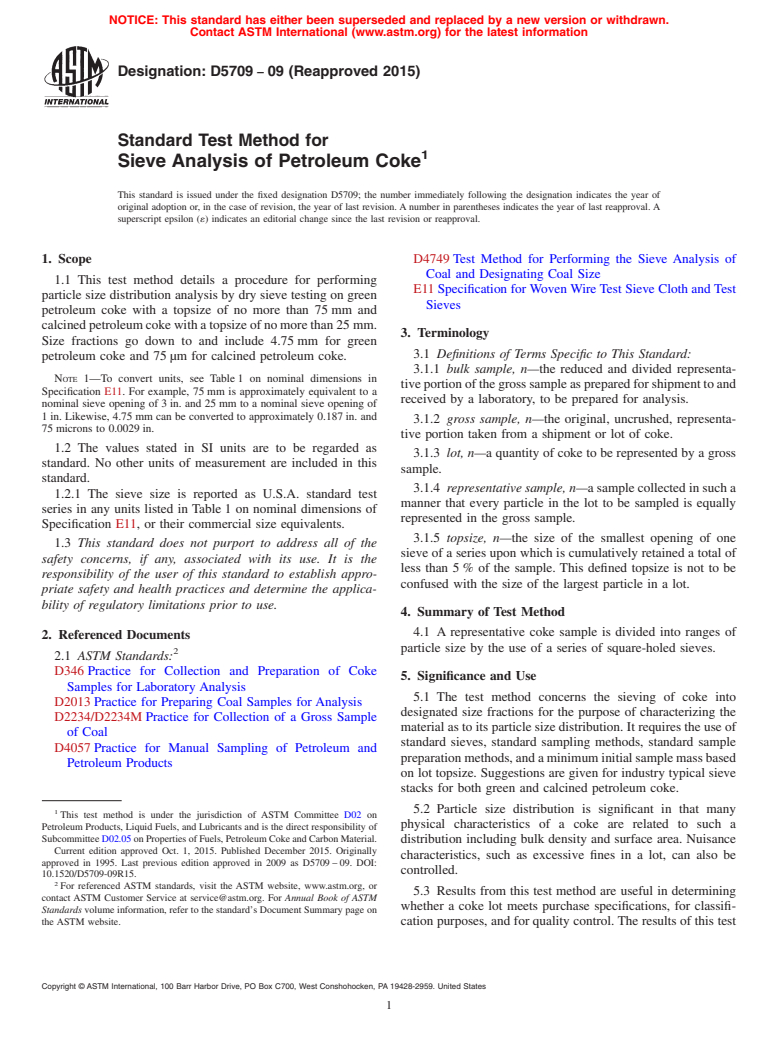 ASTM D5709-09(2015) - Standard Test Method for  Sieve Analysis of Petroleum Coke