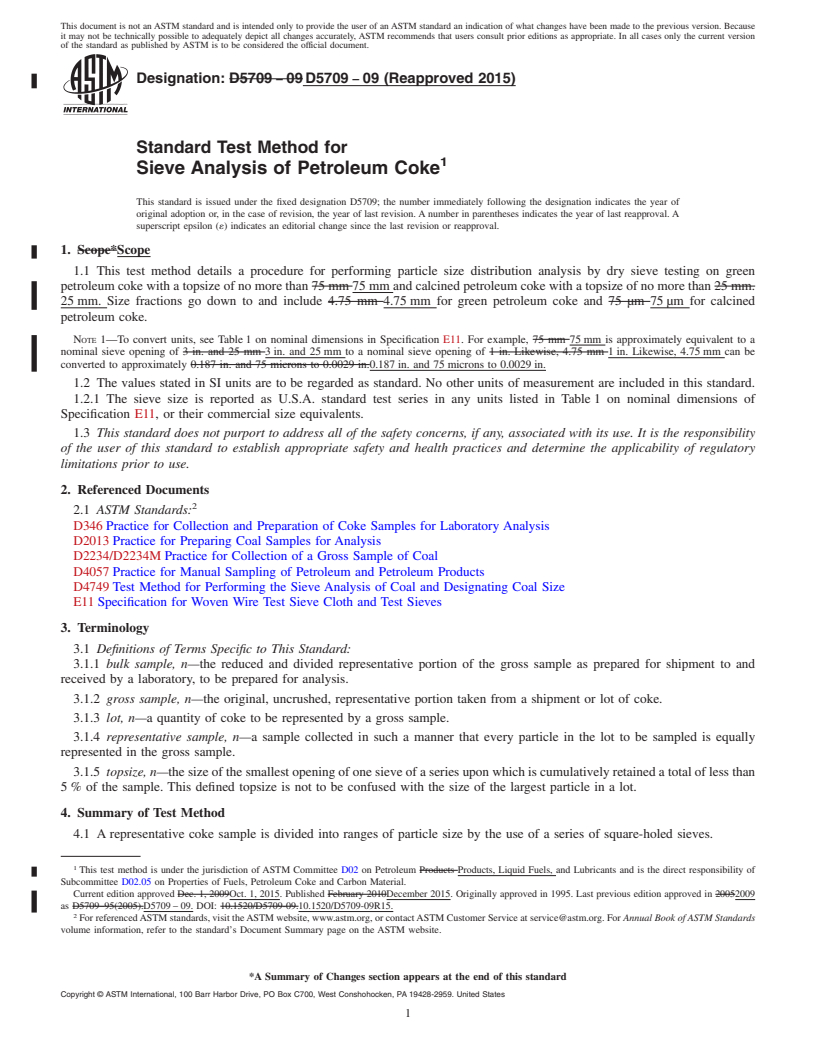 REDLINE ASTM D5709-09(2015) - Standard Test Method for  Sieve Analysis of Petroleum Coke