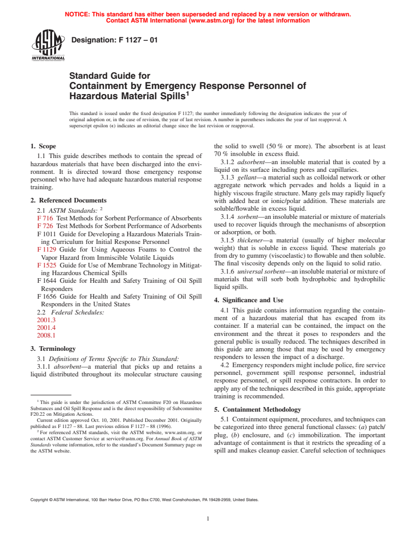 ASTM F1127-01 - Standard Guide for Containment by Emergency Response Personnel of Hazardous Material Spills