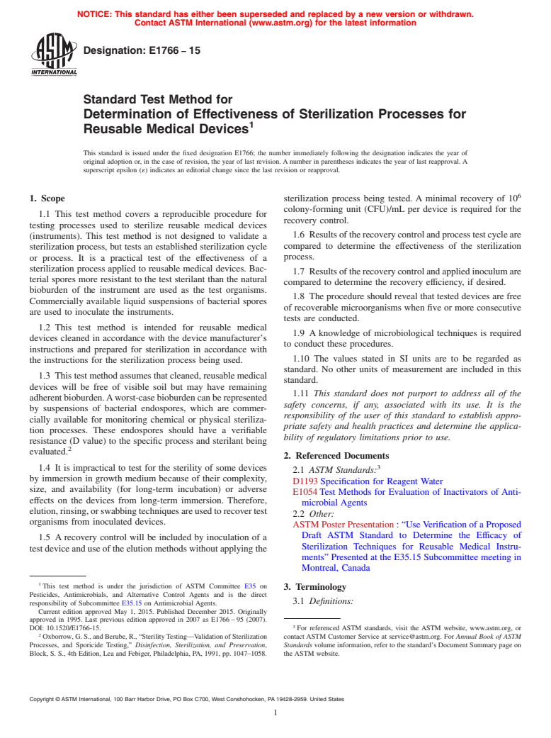 ASTM E1766-15 - Standard Test Method for  Determination of Effectiveness of Sterilization Processes for  Reusable Medical Devices (Withdrawn 2023)