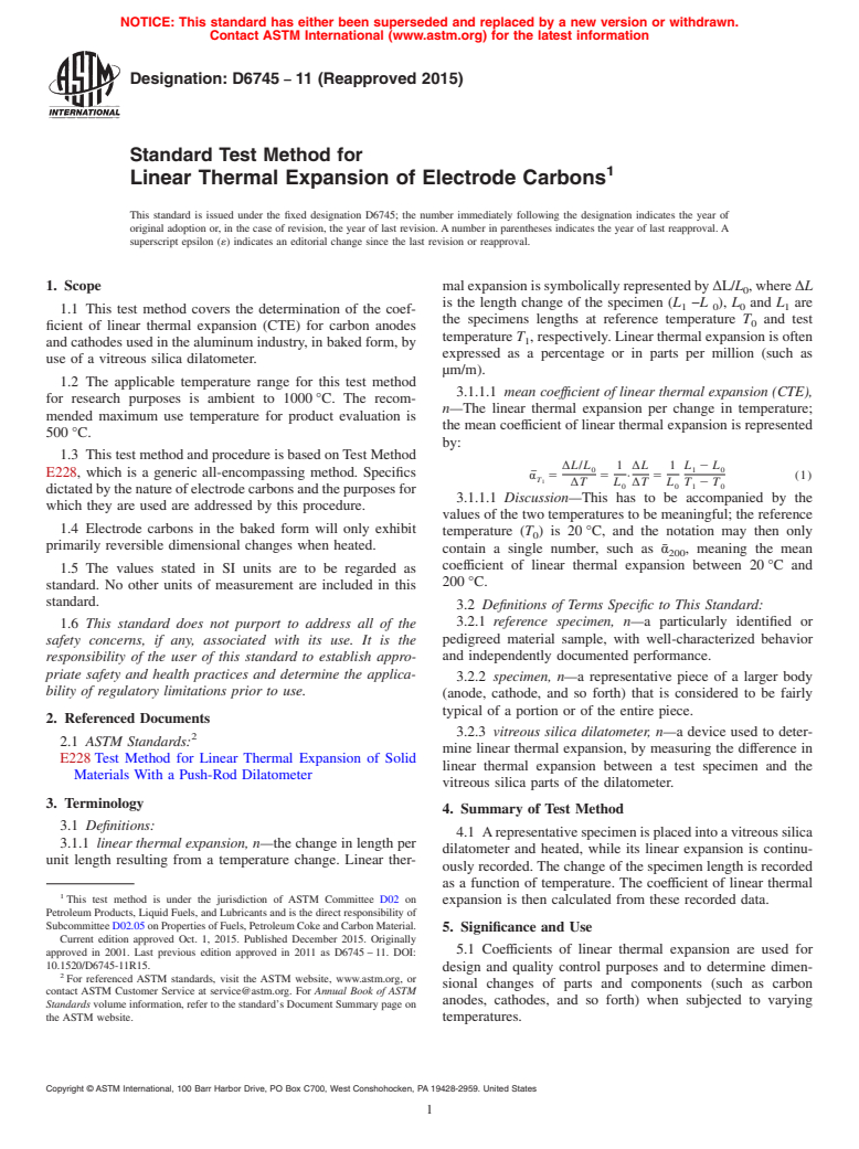 ASTM D6745-11(2015) - Standard Test Method for  Linear Thermal Expansion of Electrode Carbons