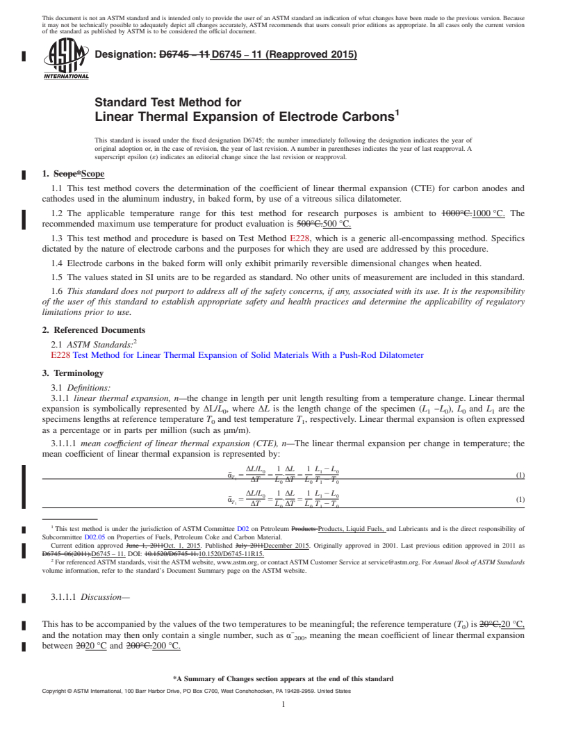 REDLINE ASTM D6745-11(2015) - Standard Test Method for  Linear Thermal Expansion of Electrode Carbons