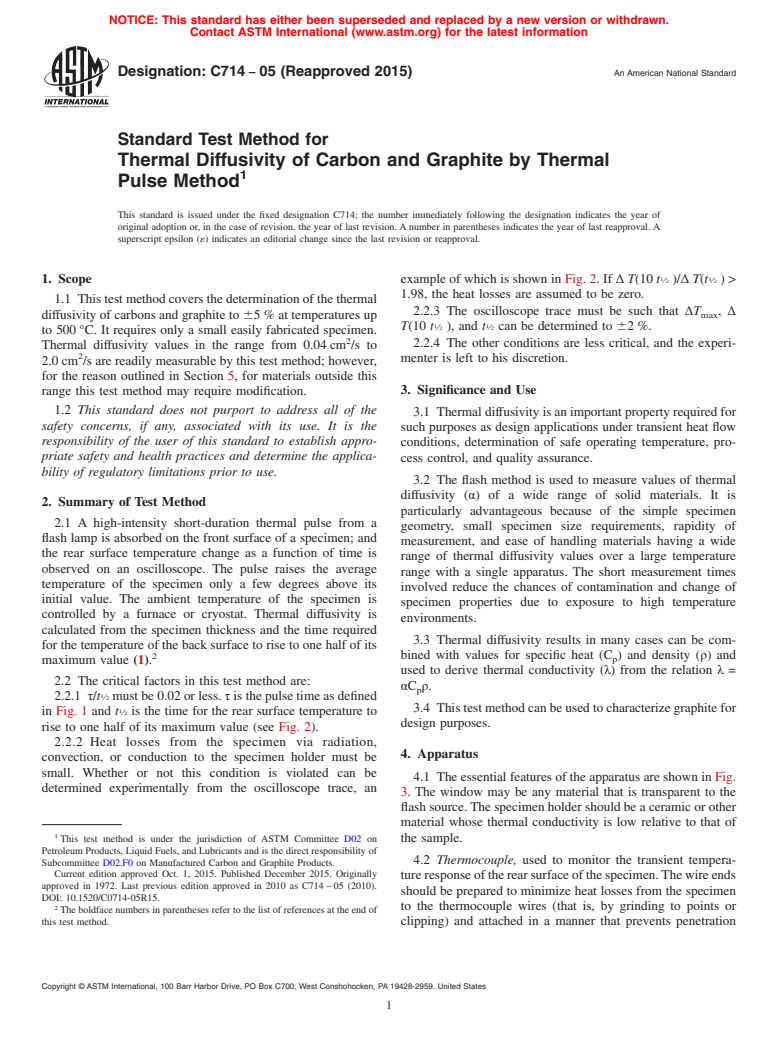 ASTM C714-05(2015) - Standard Test Method for  Thermal Diffusivity of Carbon and Graphite by Thermal Pulse  Method